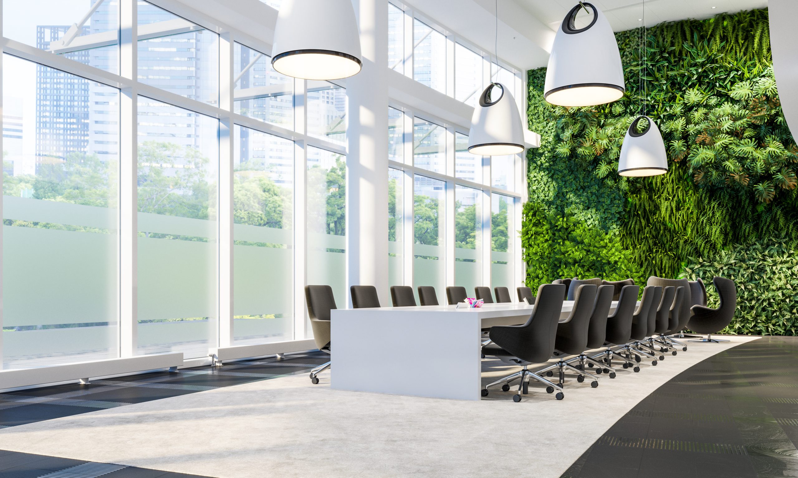 Green Wall in Office. Meeting hall in business center. Meeting interior. Vertical Garden. 3d illustration.
