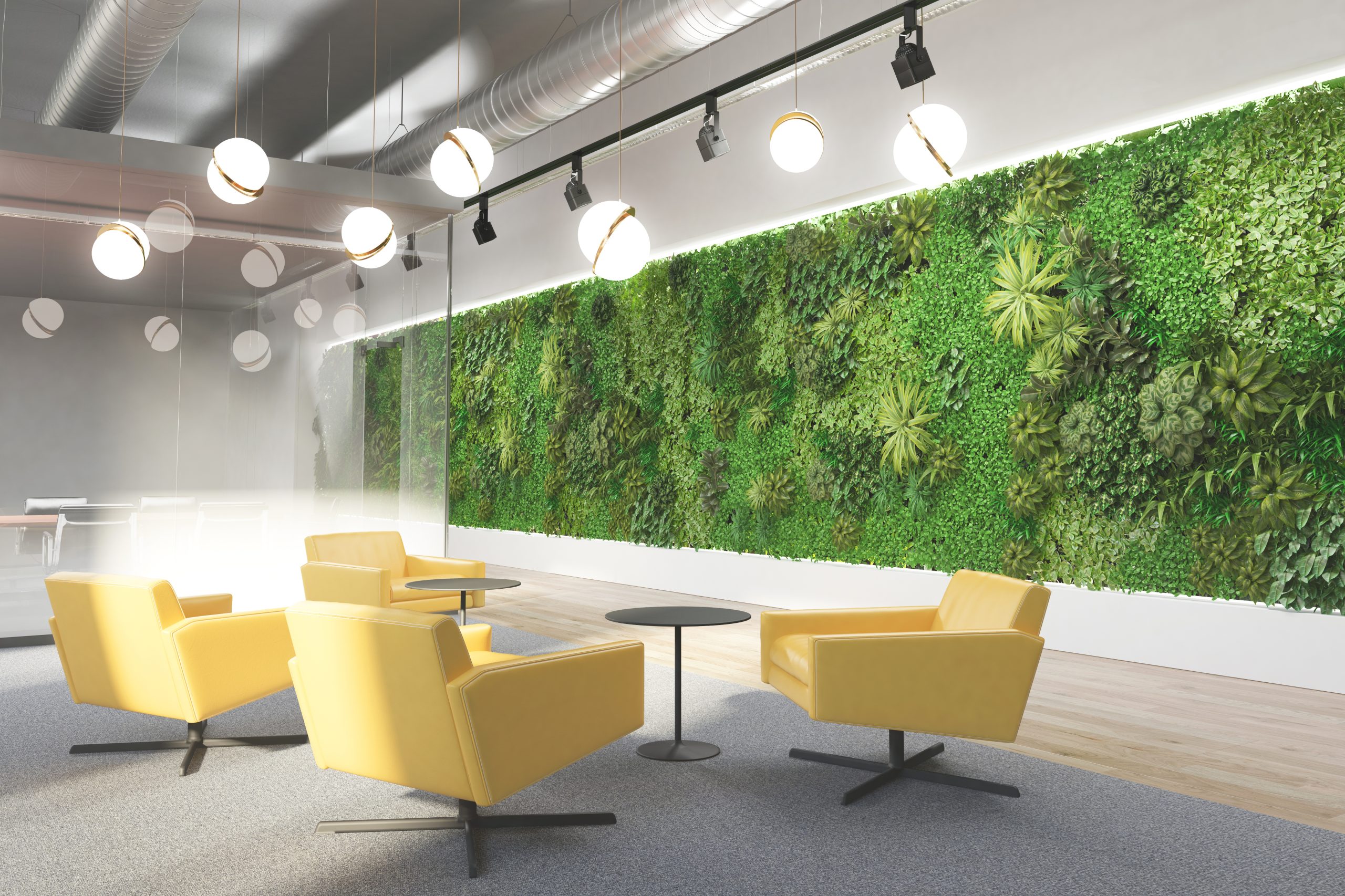 3d interior of modern office with vertical green wall