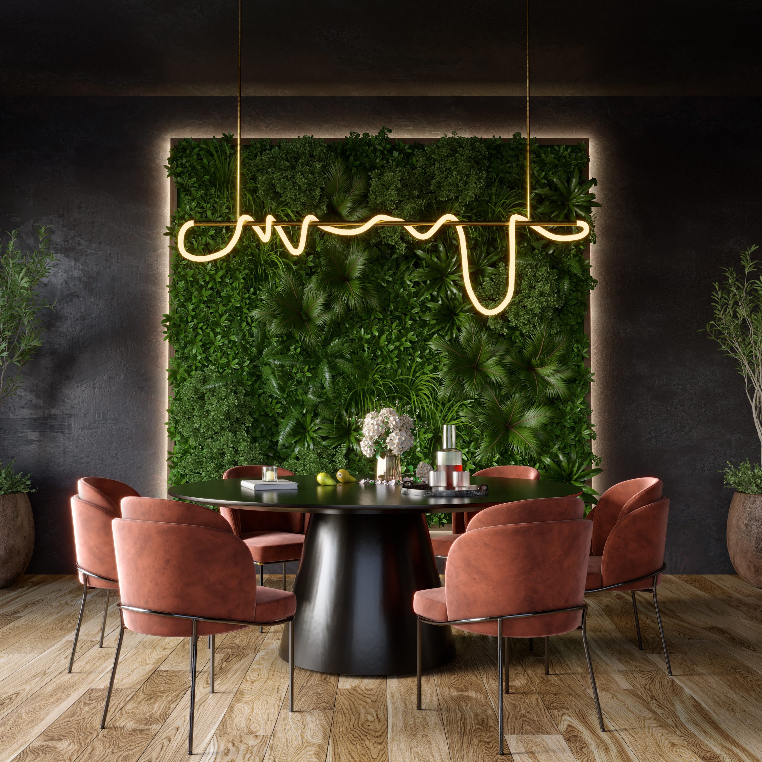 Vertical Green Wall in black living room interior, 3d render